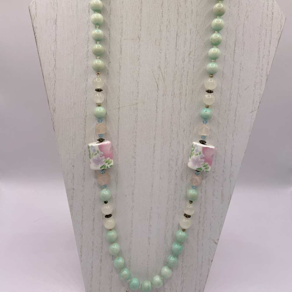 Vintage Amazonite, Rose Quartz,Crystal Quartz, Porcelain Floral Beads Necklace